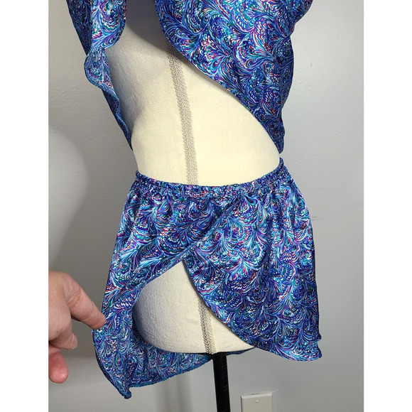 VTG Henson Kickernick Satin Robe Tank Shorts Large Blue Peacock Pajamas Lounge - Picture 7 of 16
